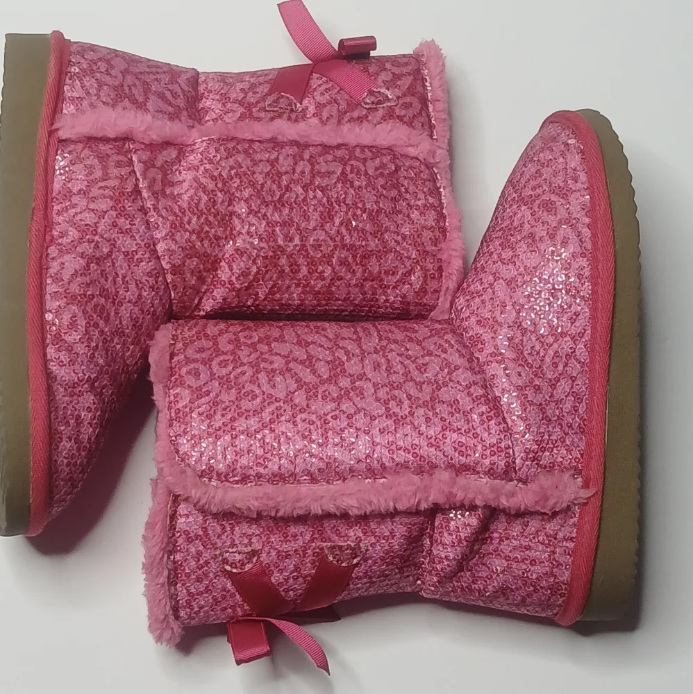 Unbranded‎ Sequin Winter Boots Girls Pink Bow Faux Fur Trim Sparkly Boots